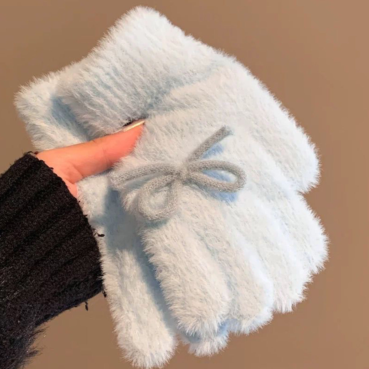 Blue Pink Plush Knitted Gloves for Women Bow-knot Thickened Gloves for Winter