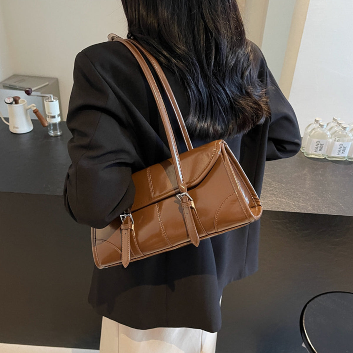 Wax Leather Shoulder Underarm Bag Hand Baguette Bag