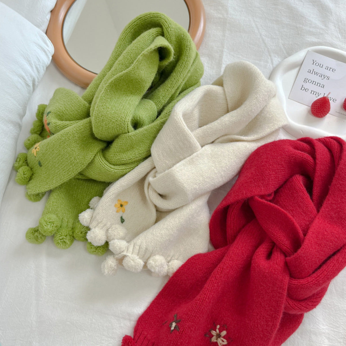 2024 New Cute Little Flower Ball Green Knitted Scarf