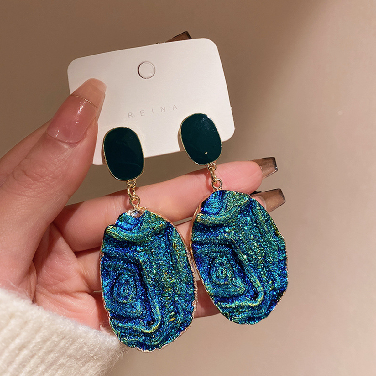 Silver Needle Wrinkled Blue Metal Earrings