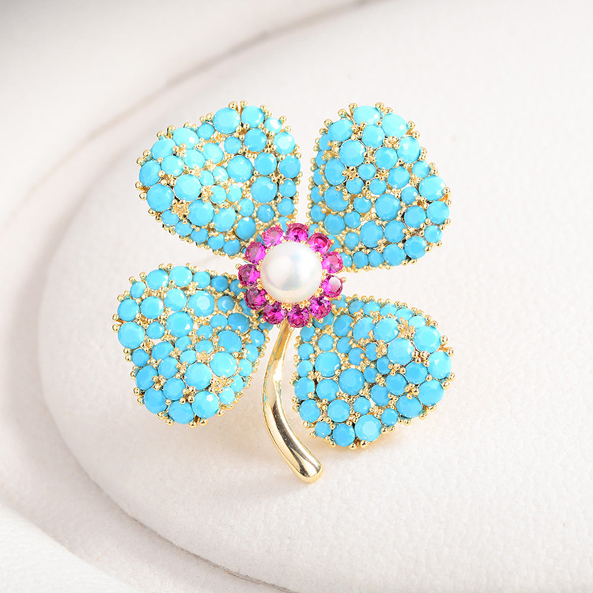 Blue Turquoise Lucky Four-leaf Flower Brooch