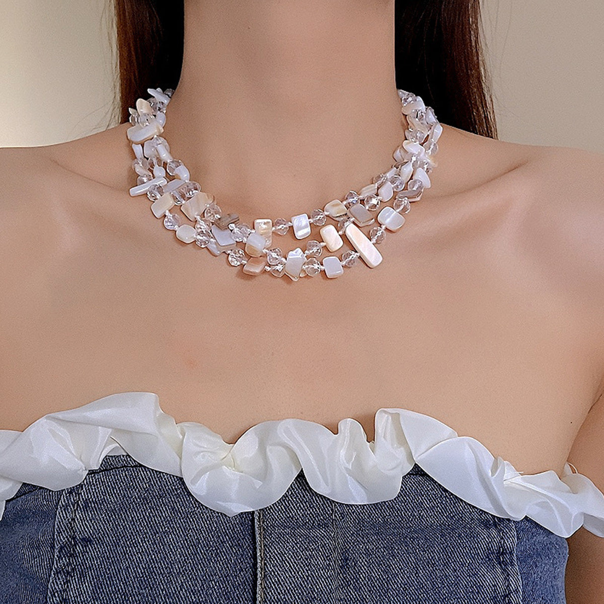 Personalized Three-Layer Shell Crystal Beaded Necklace