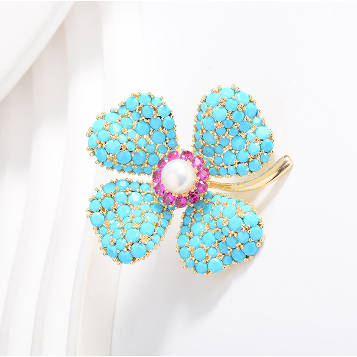 Blue Turquoise Lucky Four-leaf Flower Brooch