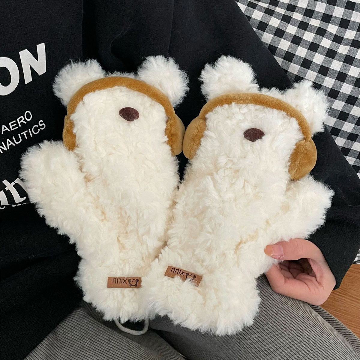 Cute Earphones Bear Plush Mittens