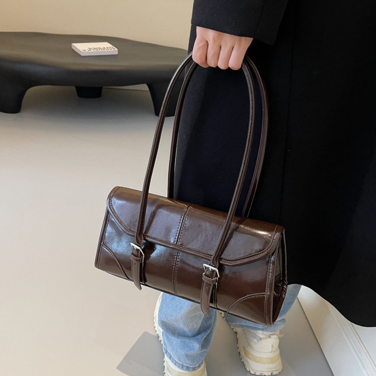 Wax Leather Shoulder Underarm Bag Hand Baguette Bag