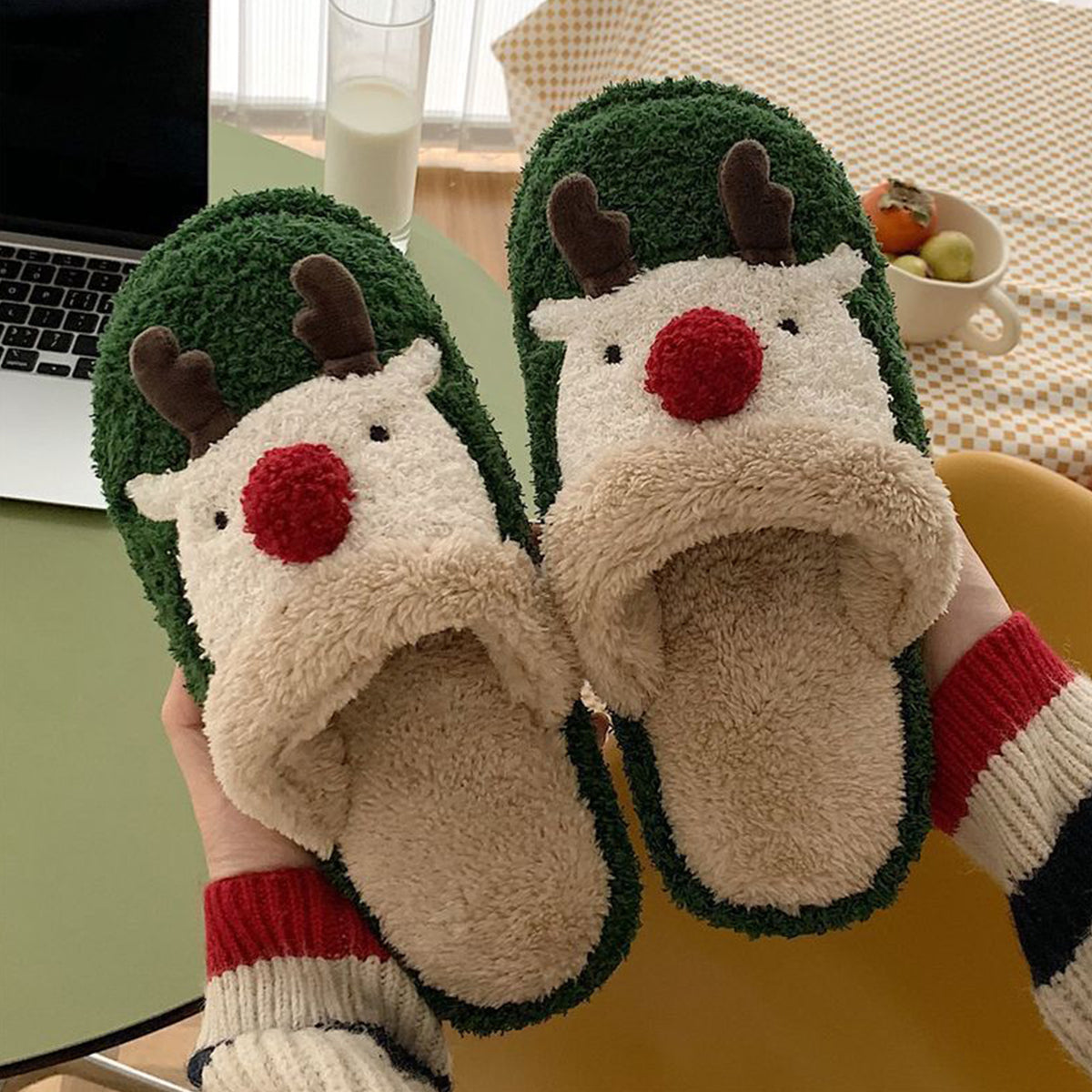 Winter Christmas Elk Plush Slippers Non-Slip Cotton Slippers
