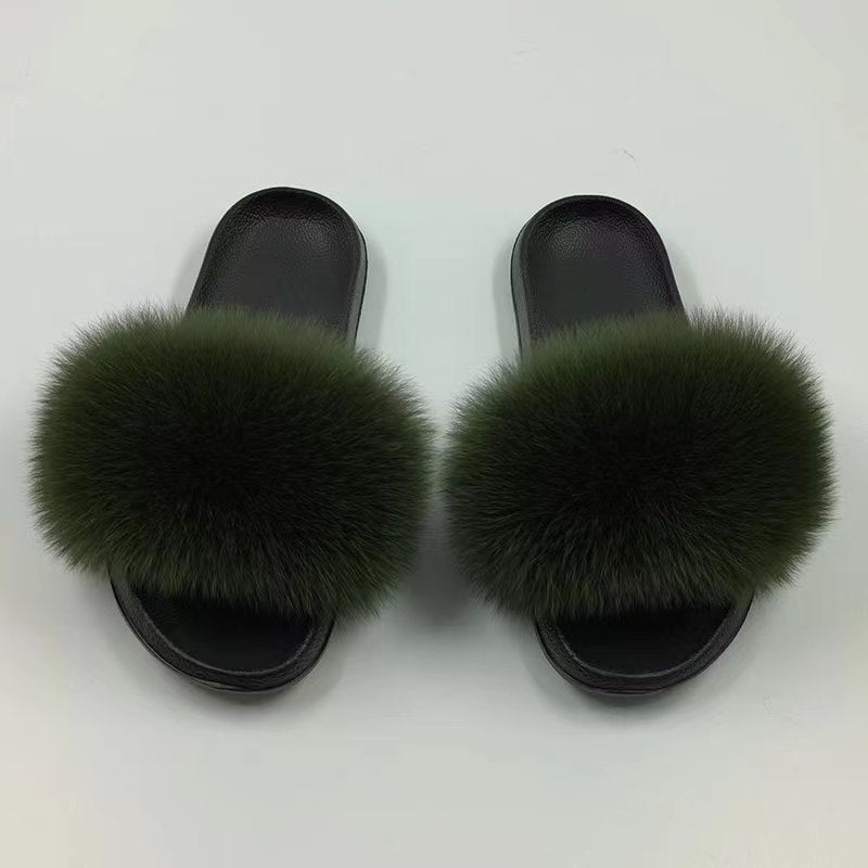 Women Real Fox Fur Slippers Women Flat Non-slip Fashion Fur Slides