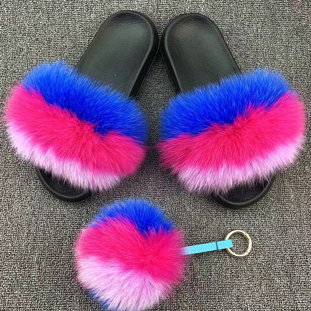 Women Real Fox Fur Slippers Women Flat Non-slip Fashion Fur Slides