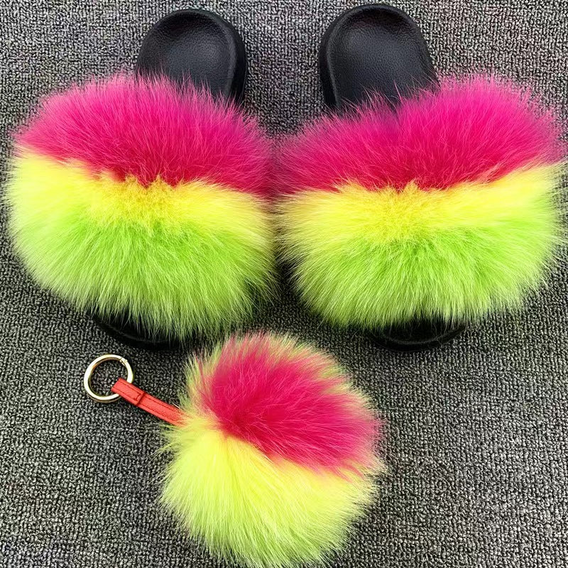 Women Real Fox Fur Slippers Women Flat Non-slip Fashion Fur Slides