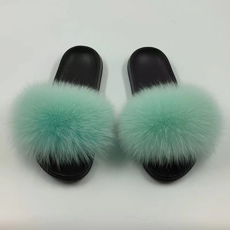 Women Real Fox Fur Slippers Women Flat Non-slip Fashion Fur Slides