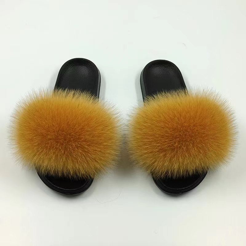 Women Real Fox Fur Slippers Women Flat Non-slip Fashion Fur Slides