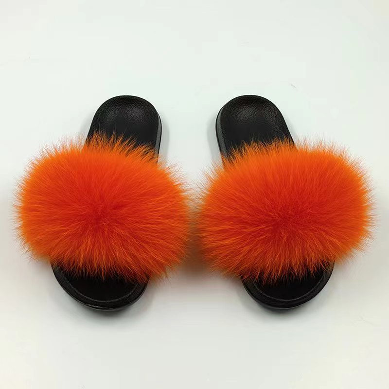 Women Real Fox Fur Slippers Women Flat Non-slip Fashion Fur Slides
