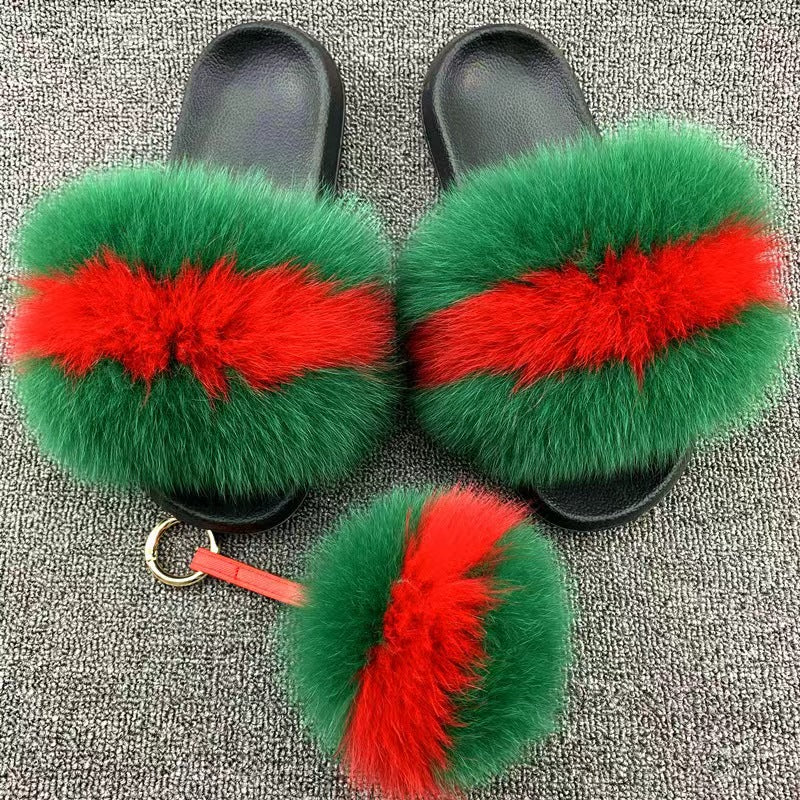 Women Real Fox Fur Slippers Women Flat Non-slip Fashion Fur Slides