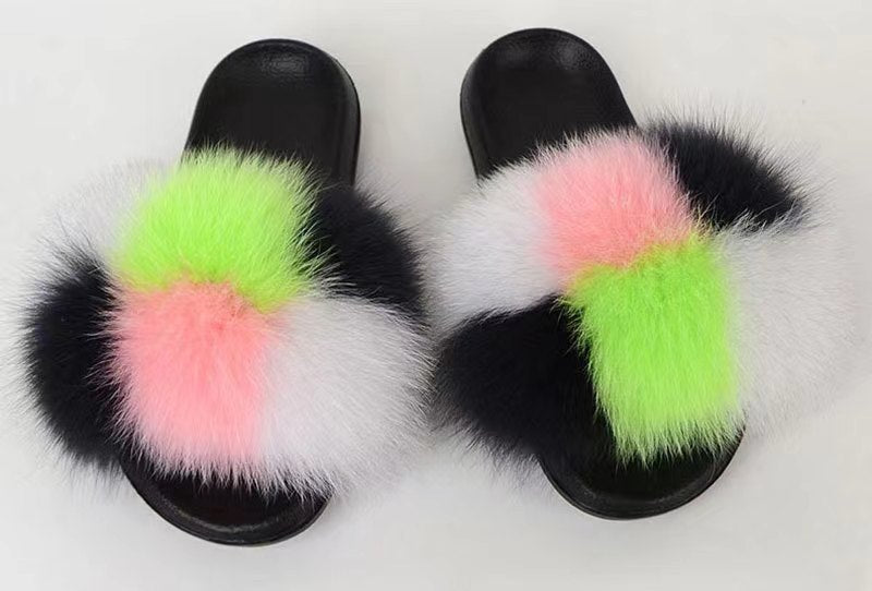 Women Real Fox Fur Slippers Women Flat Non-slip Fashion Fur Slides