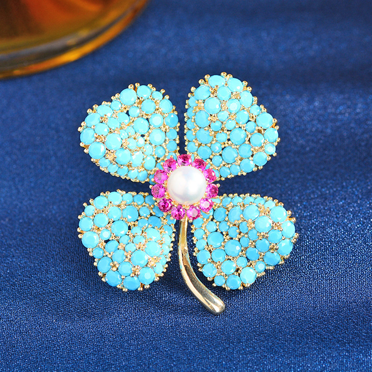 Blue Turquoise Lucky Four-leaf Flower Brooch