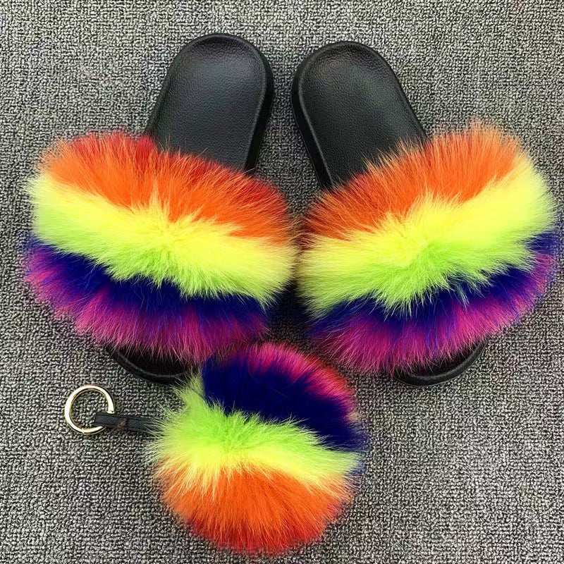 Women Real Fox Fur Slippers Women Flat Non-slip Fashion Fur Slides