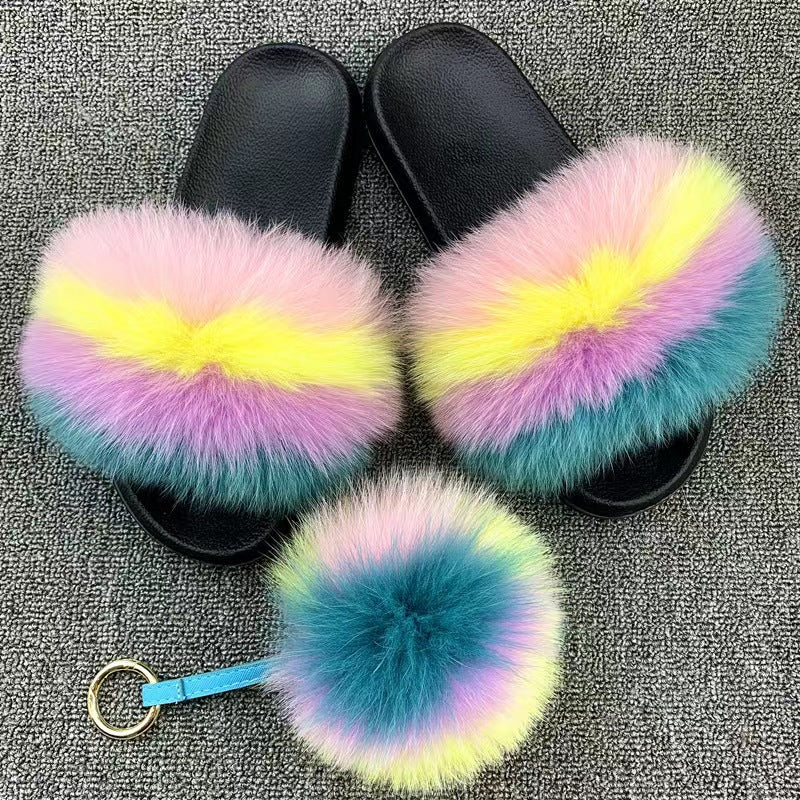 Women Real Fox Fur Slippers Women Flat Non-slip Fashion Fur Slides