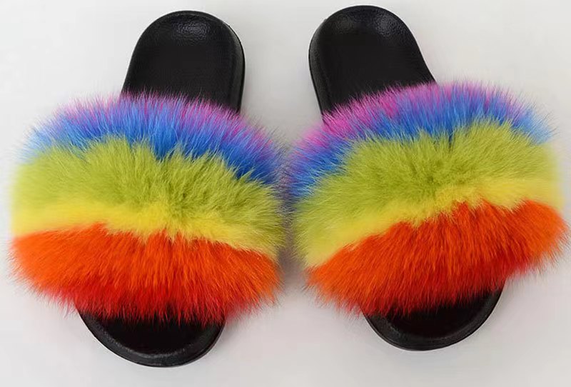 Women Real Fox Fur Slippers Women Flat Non-slip Fashion Fur Slides