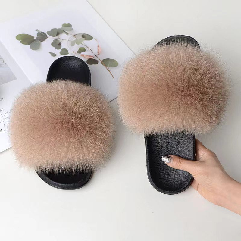 Women Real Fox Fur Slippers Women Flat Non-slip Fashion Fur Slides