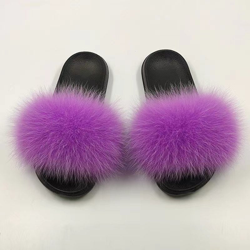 Women Real Fox Fur Slippers Women Flat Non-slip Fashion Fur Slides