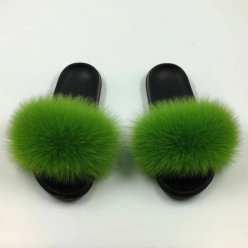 Women Real Fox Fur Slippers Women Flat Non-slip Fashion Fur Slides