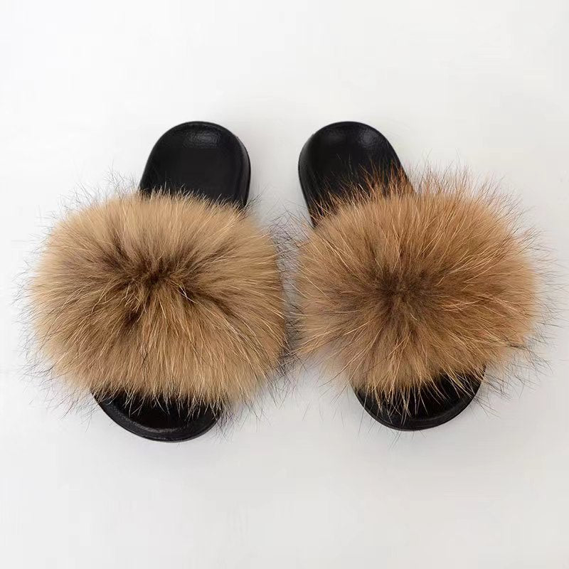 Women Real Fox Fur Slippers Women Flat Non-slip Fashion Fur Slides