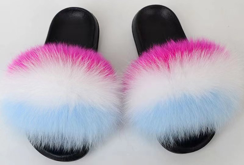 Women Real Fox Fur Slippers Women Flat Non-slip Fashion Fur Slides