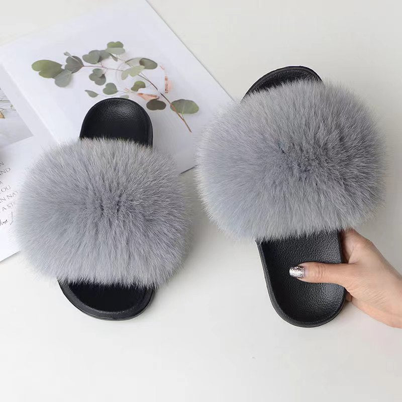 Women Real Fox Fur Slippers Women Flat Non-slip Fashion Fur Slides