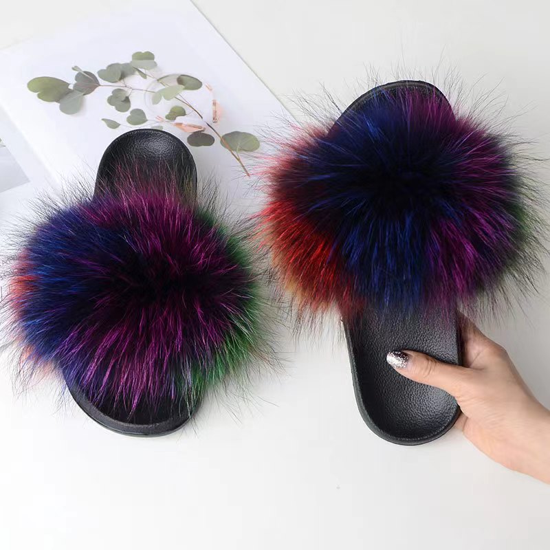 Women Real Fox Fur Slippers Women Flat Non-slip Fashion Fur Slides