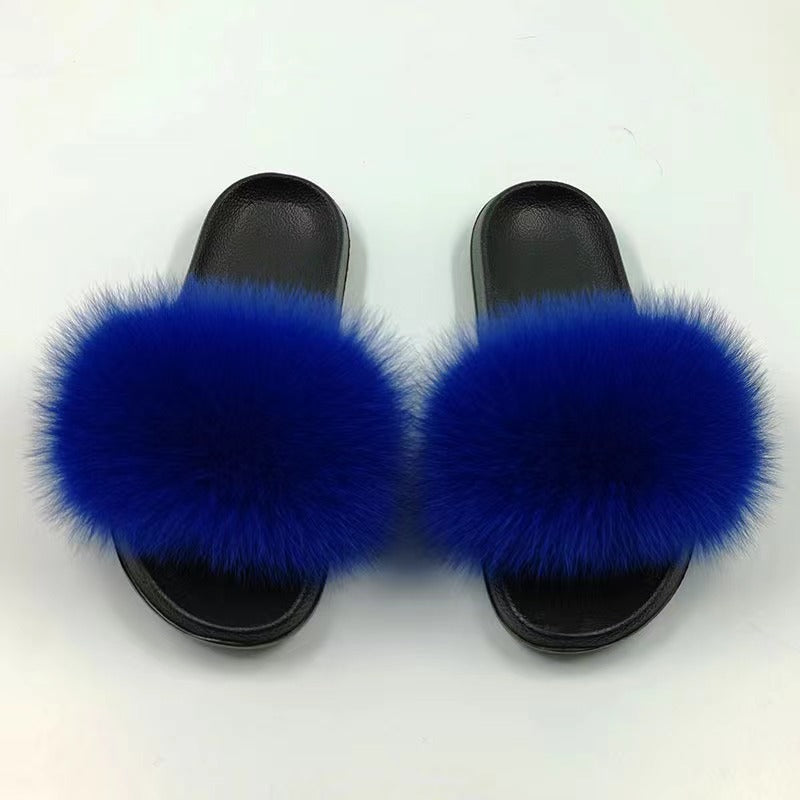 Women Real Fox Fur Slippers Women Flat Non-slip Fashion Fur Slides