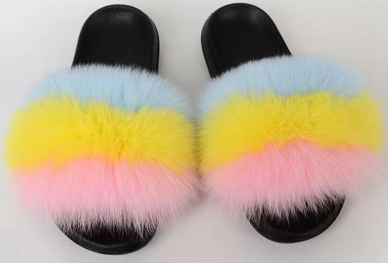 Women Real Fox Fur Slippers Women Flat Non-slip Fashion Fur Slides