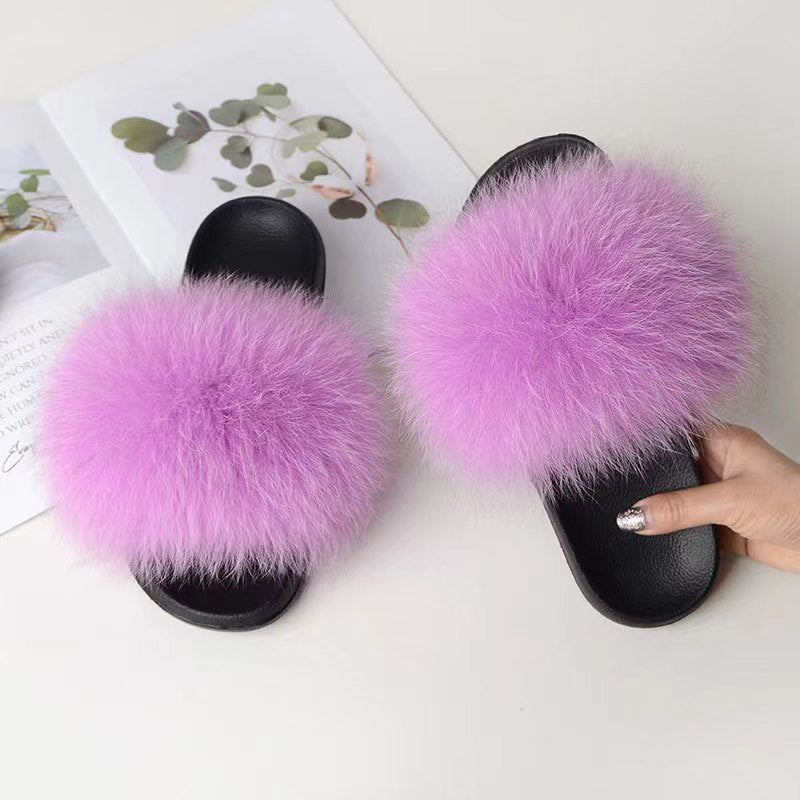 Women Real Fox Fur Slippers Women Flat Non-slip Fashion Fur Slides