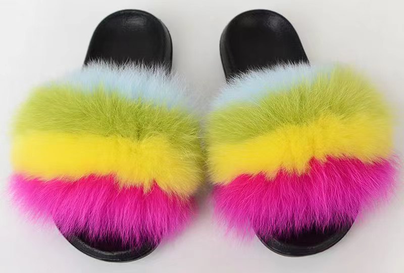 Women Real Fox Fur Slippers Women Flat Non-slip Fashion Fur Slides