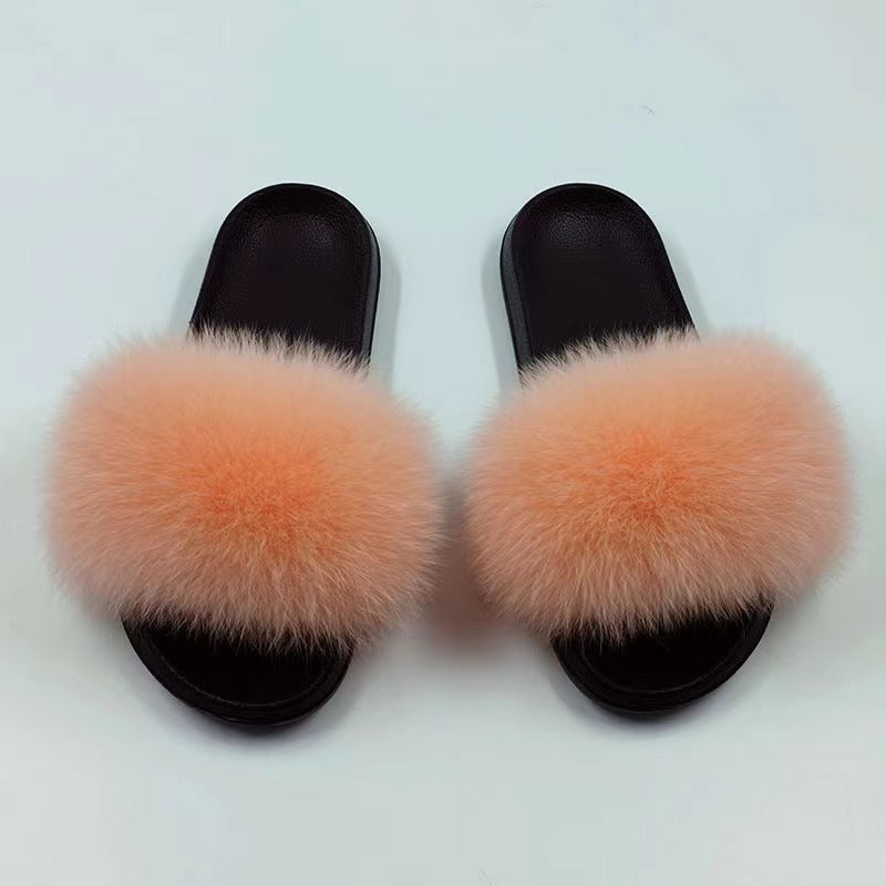 Women Real Fox Fur Slippers Women Flat Non-slip Fashion Fur Slides