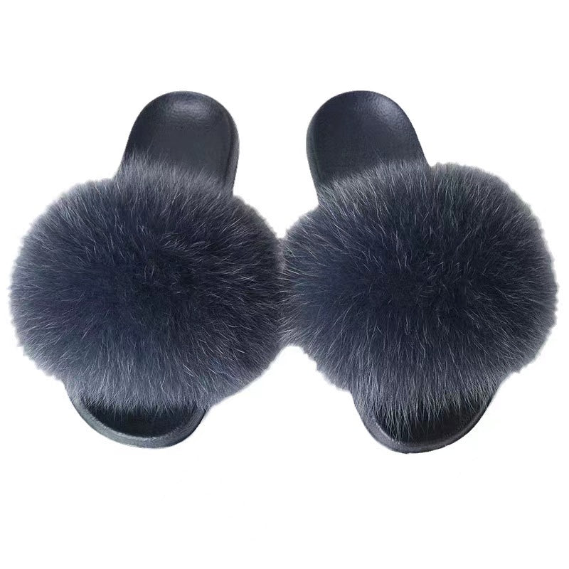 Women Real Fox Fur Slippers Women Flat Non-slip Fashion Fur Slides