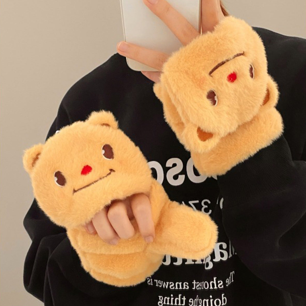 Cute Bear Half-Finger Flip Plush Gloves Scarf