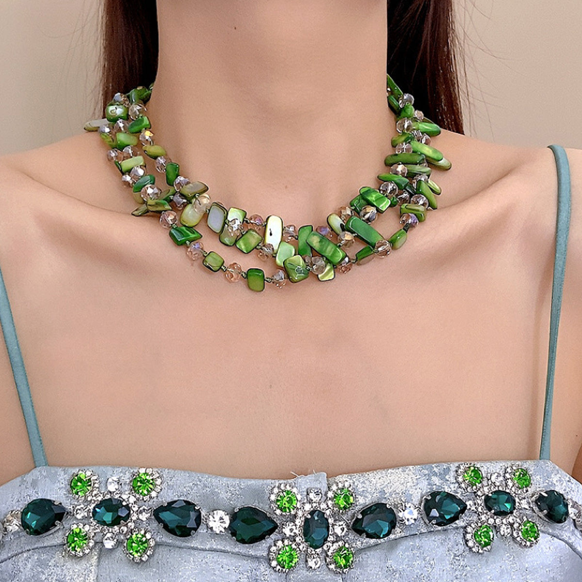 Personalized Three-Layer Shell Crystal Beaded Necklace
