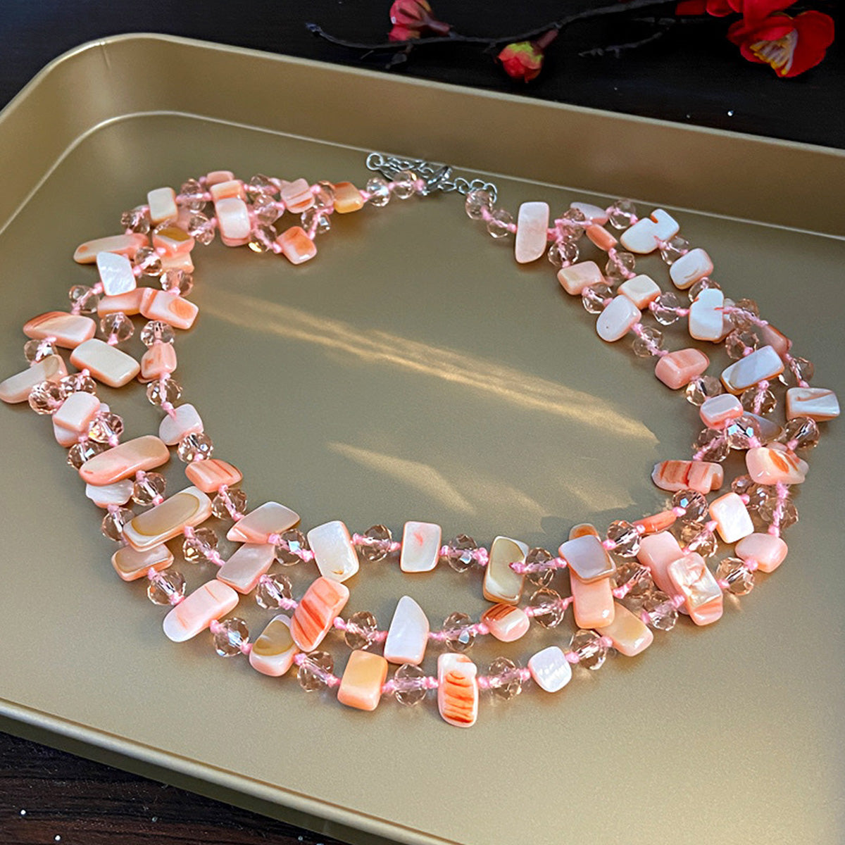 Personalized Three-Layer Shell Crystal Beaded Necklace