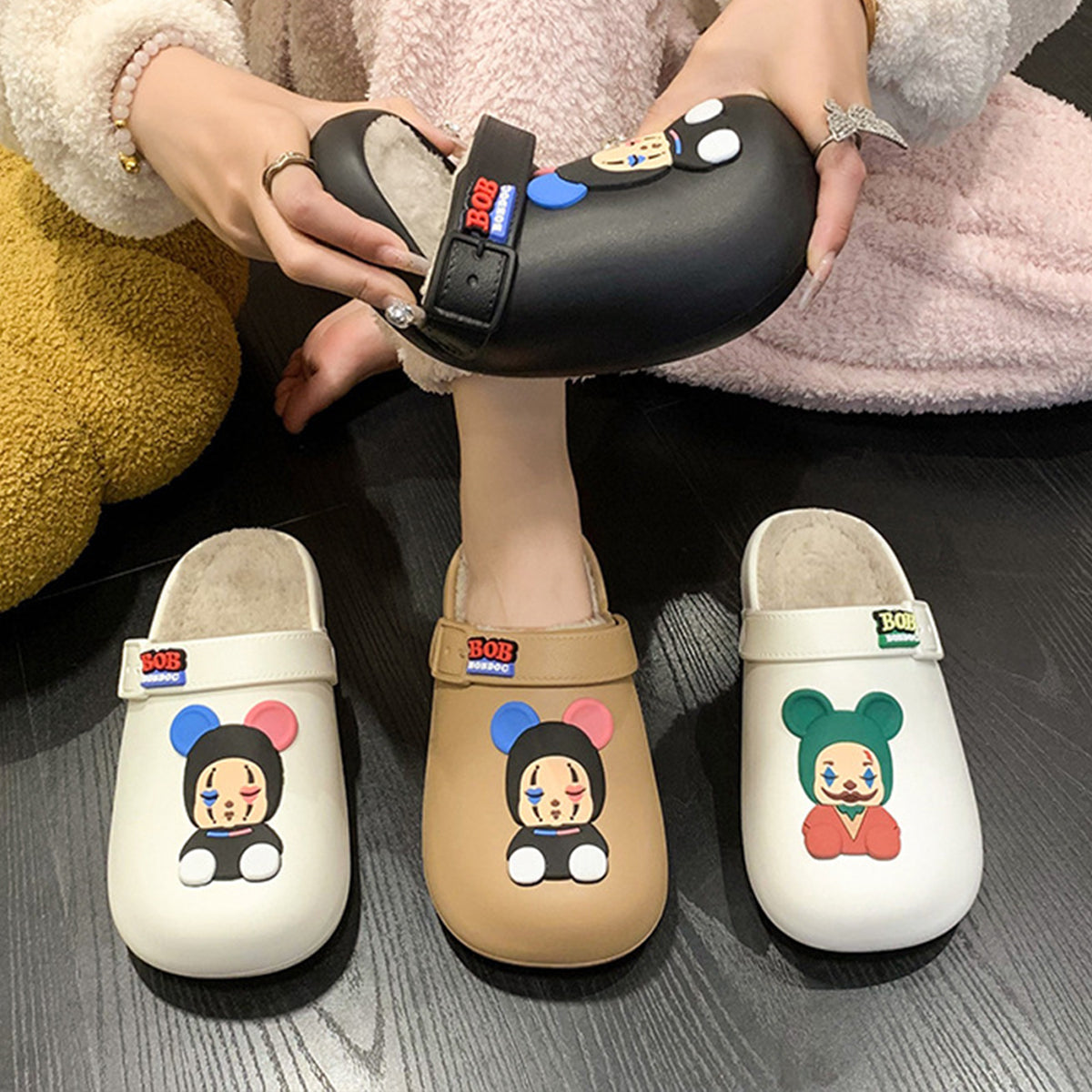 Waterproof Closed Toe Cotton Slippers Cartoon Fur Slippers