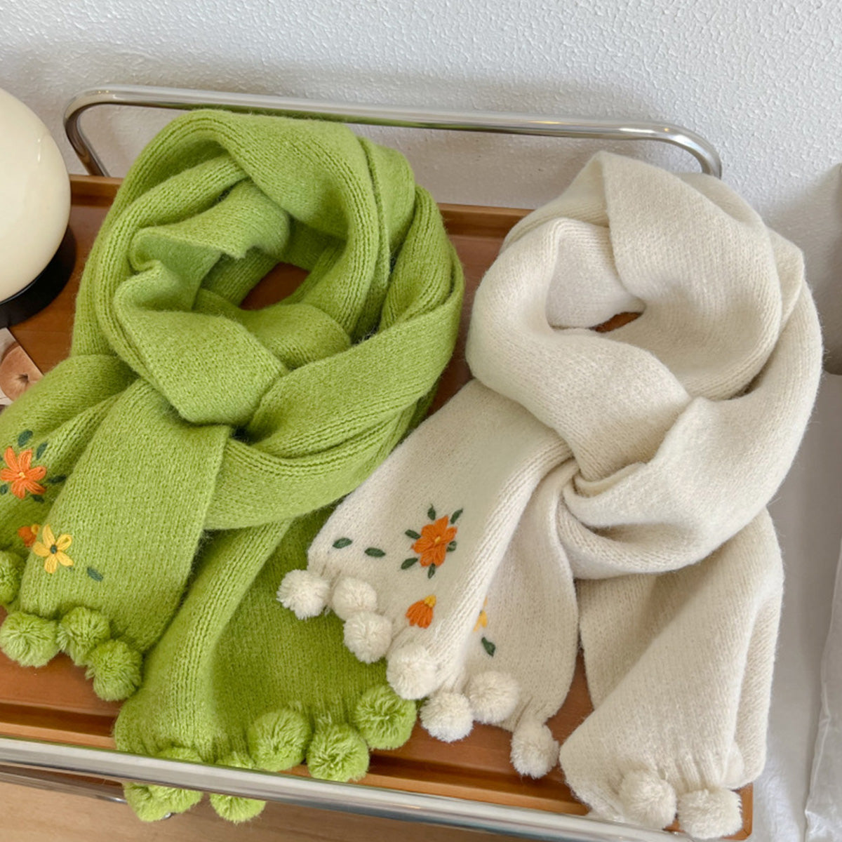 2024 New Cute Little Flower Ball Green Knitted Scarf