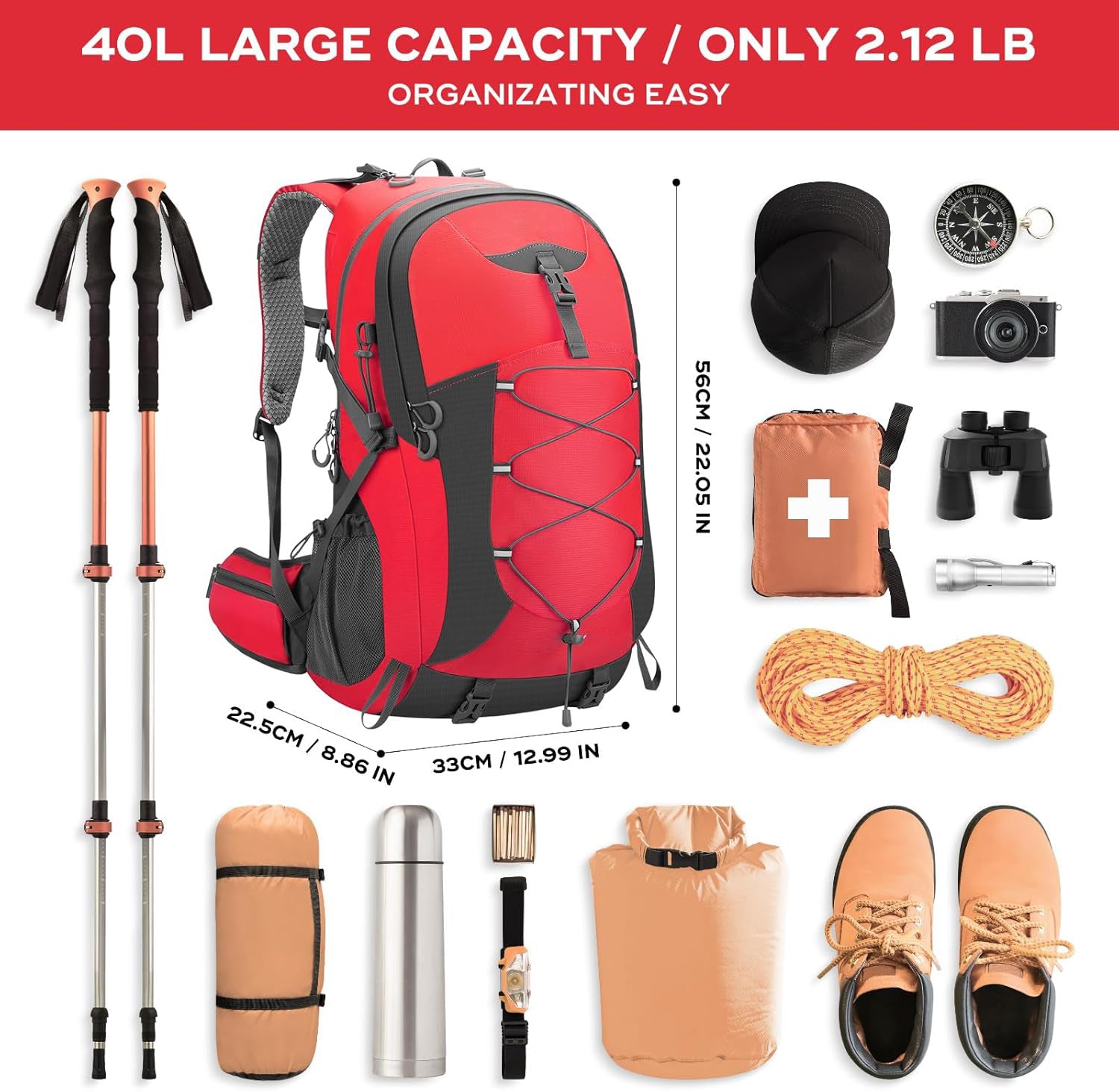 LAPOLAR Backpack,Camping Backpack,40L Waterproof Hiking Daypack with Rain Cover,Lightweight Travel Backpack,Red