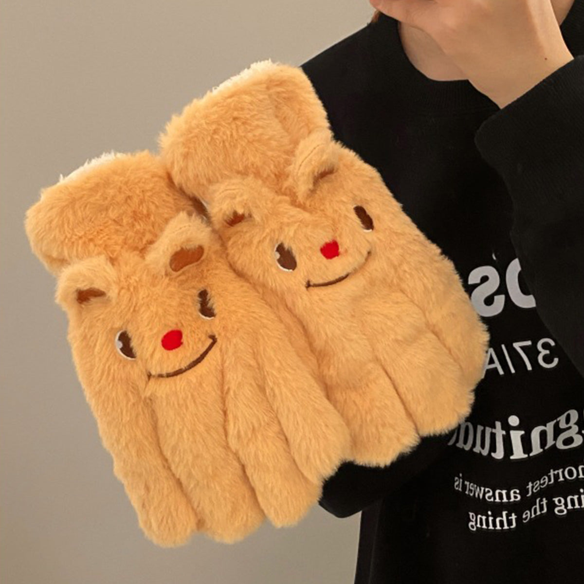 Cute Bear Half-Finger Flip Plush Gloves Scarf