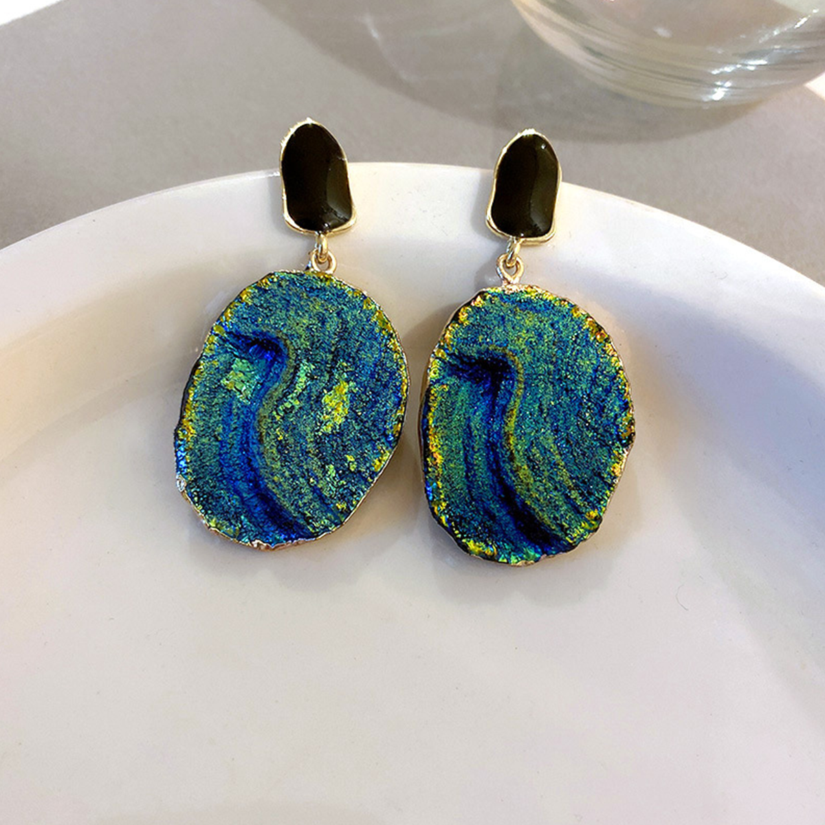 Silver Needle Wrinkled Blue Metal Earrings
