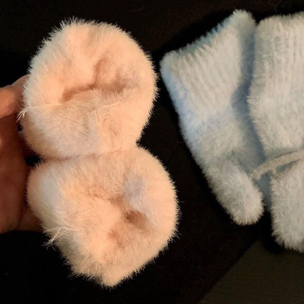 Blue Pink Plush Knitted Gloves for Women Bow-knot Thickened Gloves for Winter