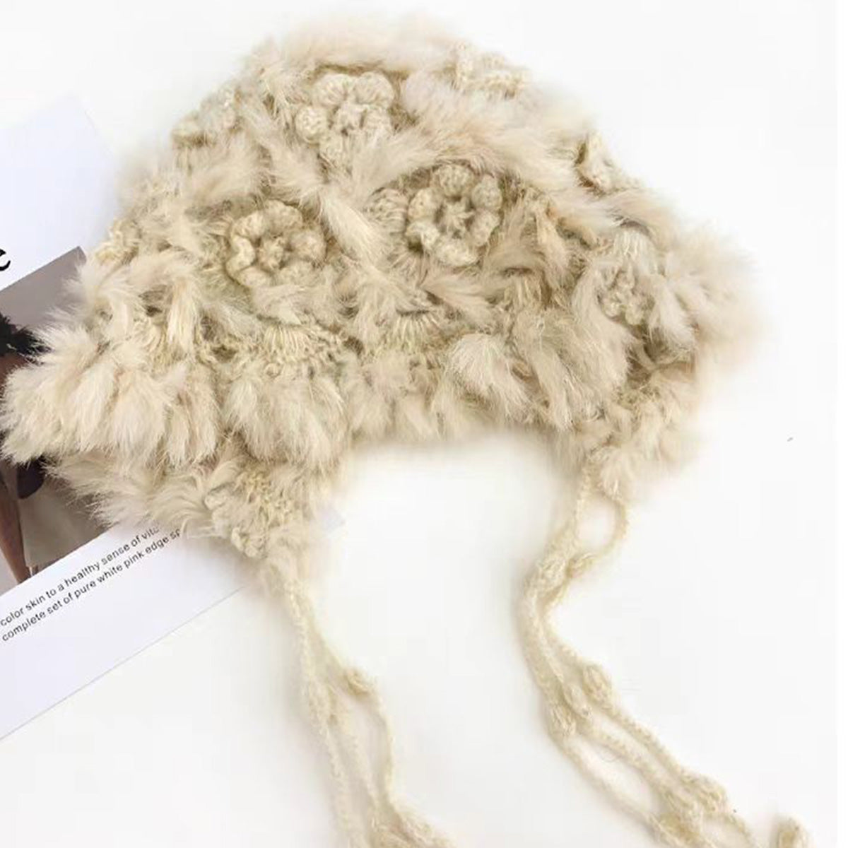 Rabbit Fur Flower Knitted Plush Hat for Women in Autumn
