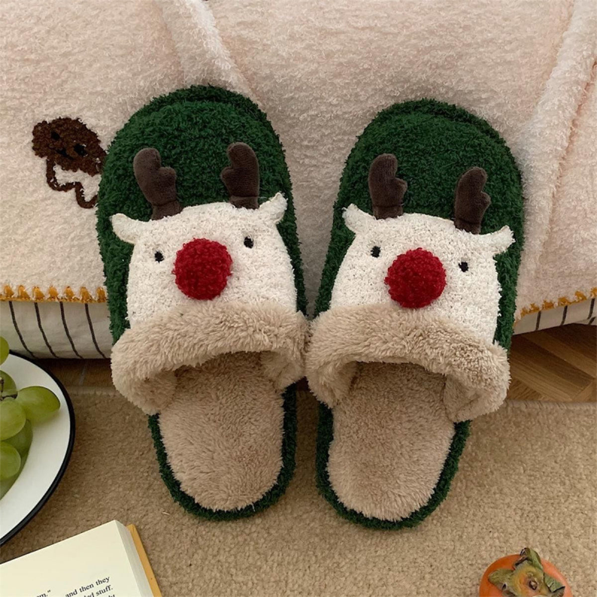 Winter Christmas Elk Plush Slippers Non-Slip Cotton Slippers