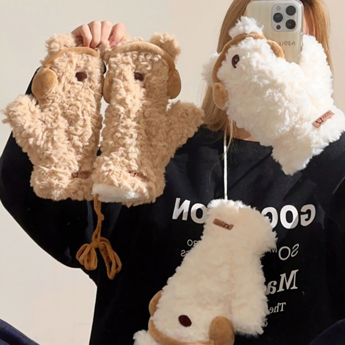 Cute Earphones Bear Plush Mittens