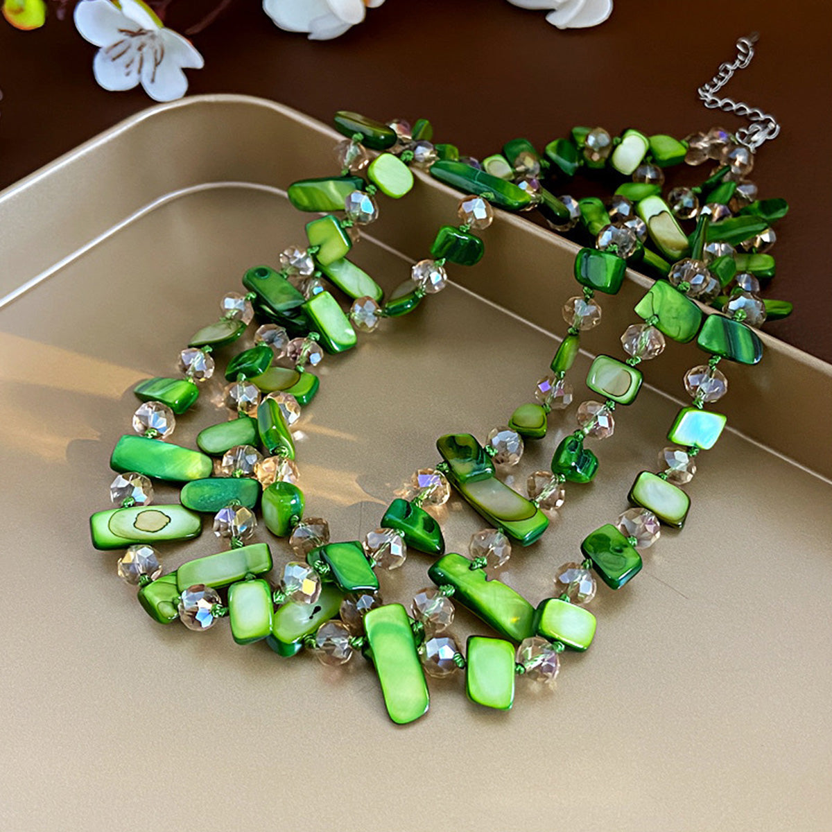 Personalized Three-Layer Shell Crystal Beaded Necklace