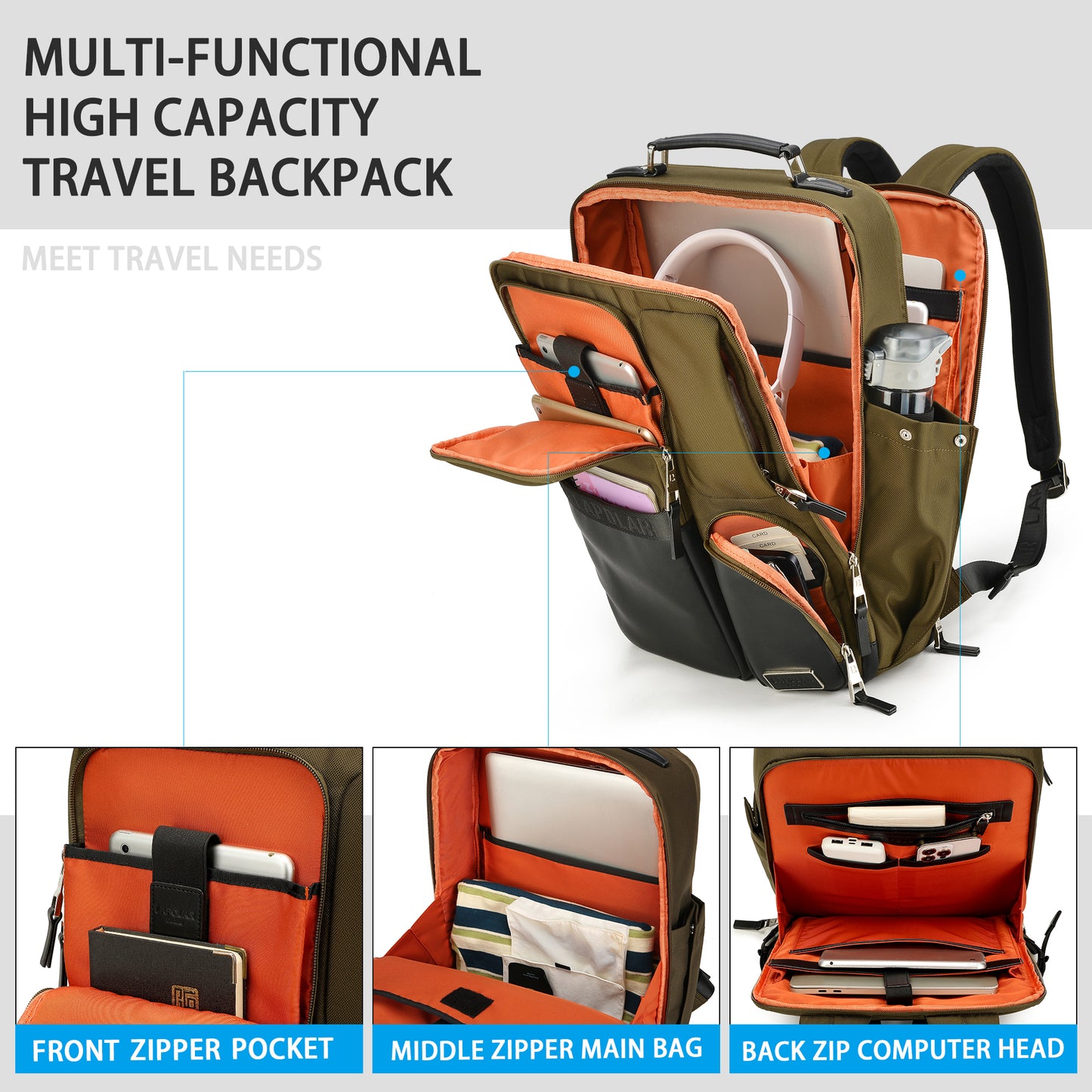 LAPOLAR 15.6 Inch Carry on Backpack, Outdoor Travel Laptop Backpack, Multifunctional Daily Business Computer Backpack Durable Water Backpack