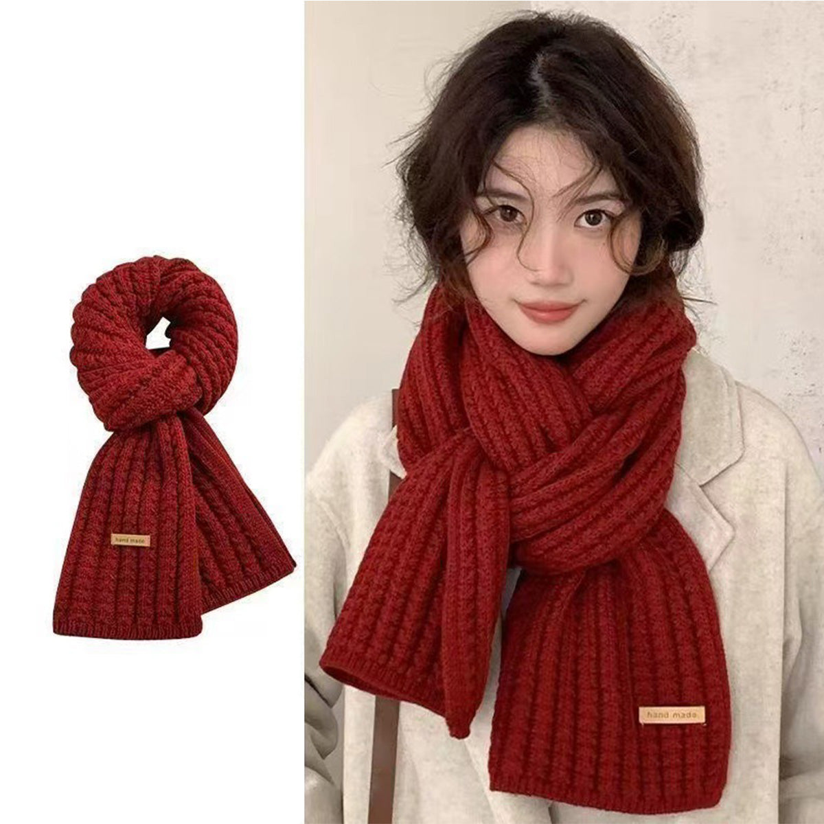 Red Scarf for Women Korean Style High-End Knitted Scarf